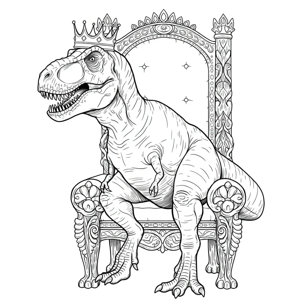 14 T-Rex Ausmalbilder (Gratis Dino Malvorlage zum Ausdrucken) Ausmalbild eines T-Rex mit einer prächtigen Krone auf dem Kopf – perfekt für kleine Dino-Künstler zum Ausmalen.