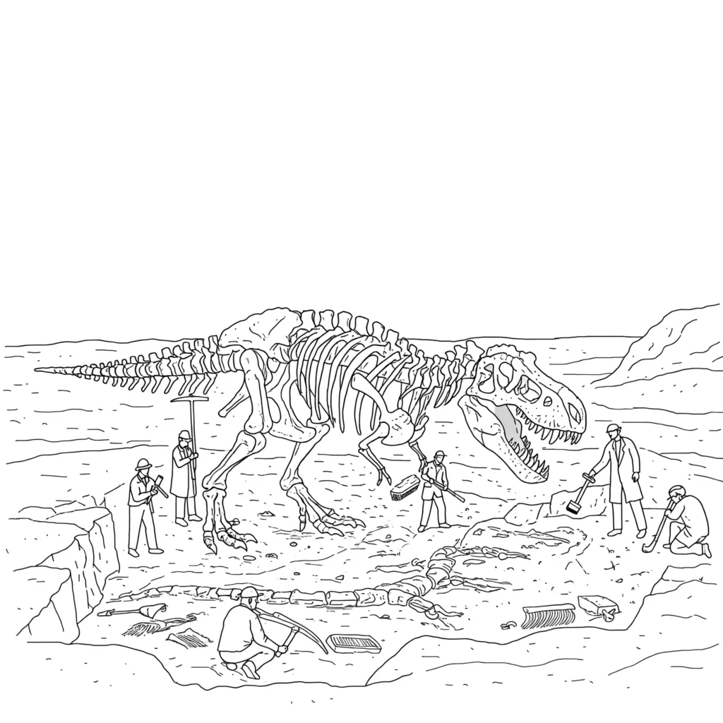 14 T-Rex Ausmalbilder (Gratis Dino Malvorlage zum Ausdrucken) Ausmalbild mit einem T-Rex Skelett an einer Fossilien Ausgrabungsstelle – ideal für Kinder mit Interesse an Dinosauriern und Archäologie.