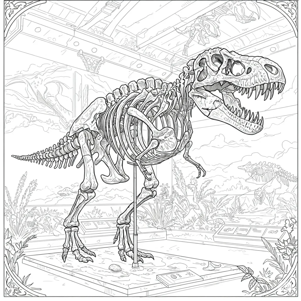 14 T-Rex Ausmalbilder (Gratis Dino Malvorlage zum Ausdrucken) Ausmalbild eines T-Rex Skeletts im Museum, ideal für Kinder, die sich für Dinosaurier und Geschichte interessieren.