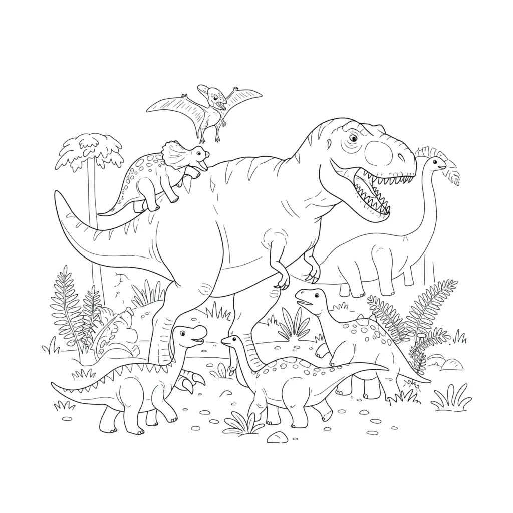 14 T-Rex Ausmalbilder (Gratis Dino Malvorlage zum Ausdrucken) Ausmalbild mit einem T-Rex, der fröhlich mit anderen Dinosauriern spielt – perfekt für Kinder, die Dinos lieben.