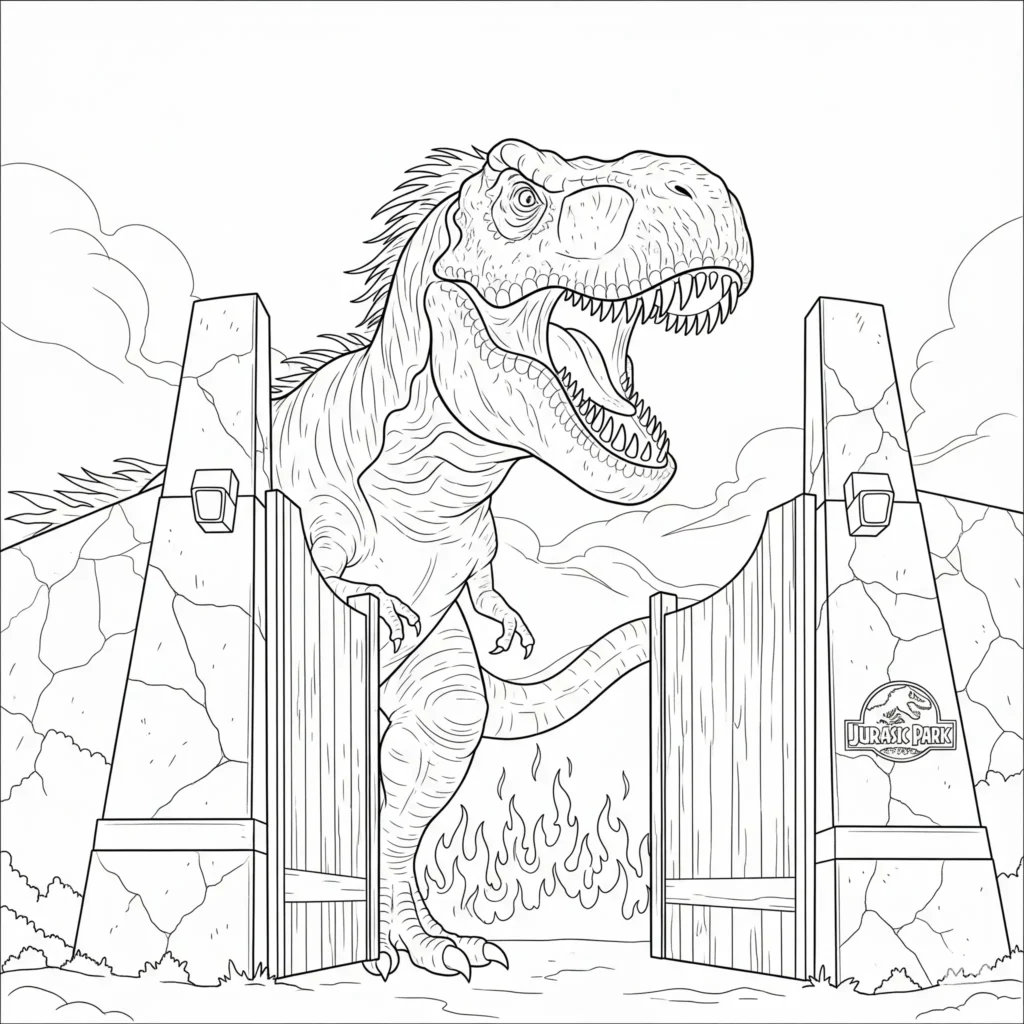 Jurassic Park Ausmalbilder (Gratis Dino Malvorlage drucken) Jurassic Park ausmalbild mit einem brüllenden T-Rex direkt vor dem ikonischen Eingangstor – spannendes Motiv für Kinder zum Ausmalen