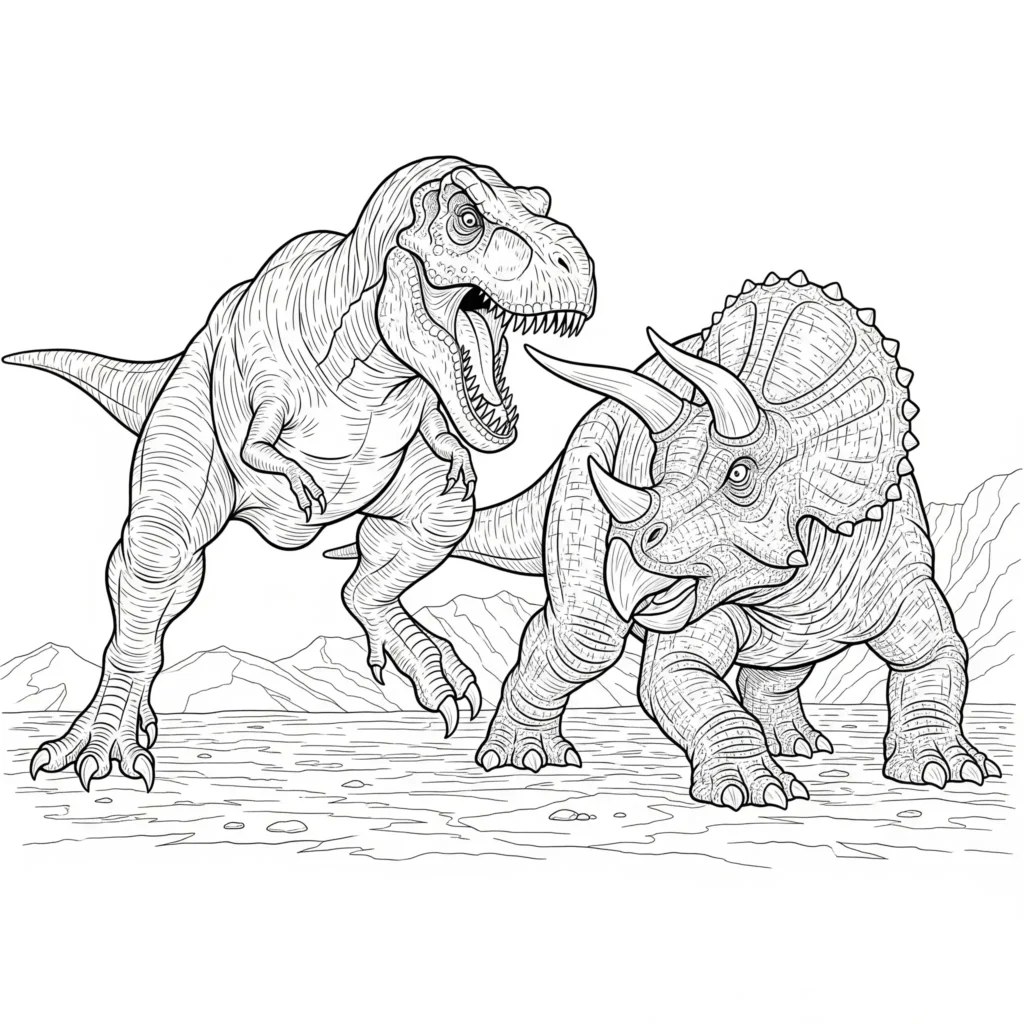14 T-Rex Ausmalbilder (Gratis Dino Malvorlage zum Ausdrucken) Ausmalbild mit T-Rex und Triceratops – zwei Dinosaurier stehen sich gegenüber, perfekt für Dino-Fans zum Ausmalen.