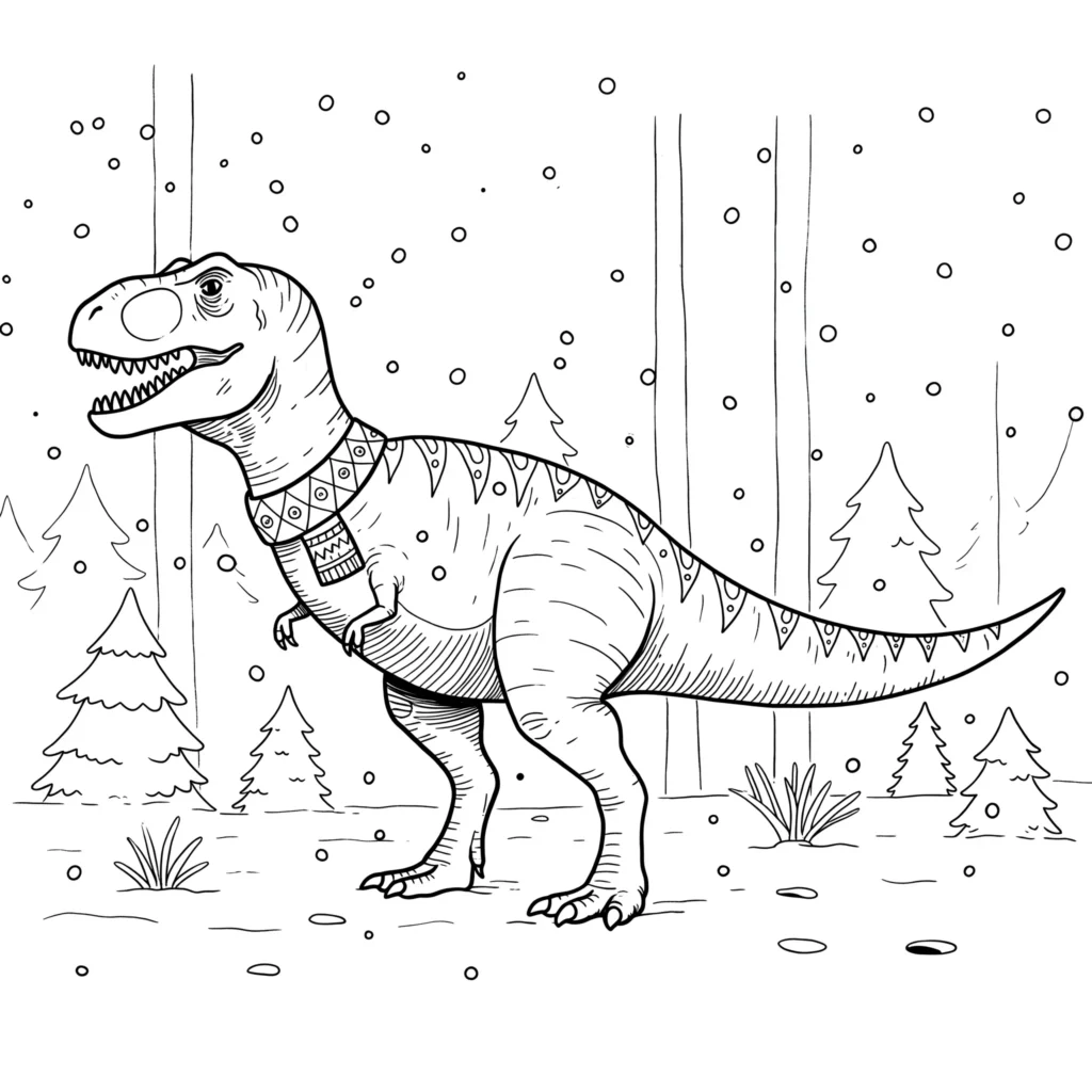 14 T-Rex Ausmalbilder (Gratis Dino Malvorlage zum Ausdrucken) Ausmalbild eines T-Rex im Winter mit Schnee und frostiger Landschaft, ideal für Kinder zum Ausmalen.