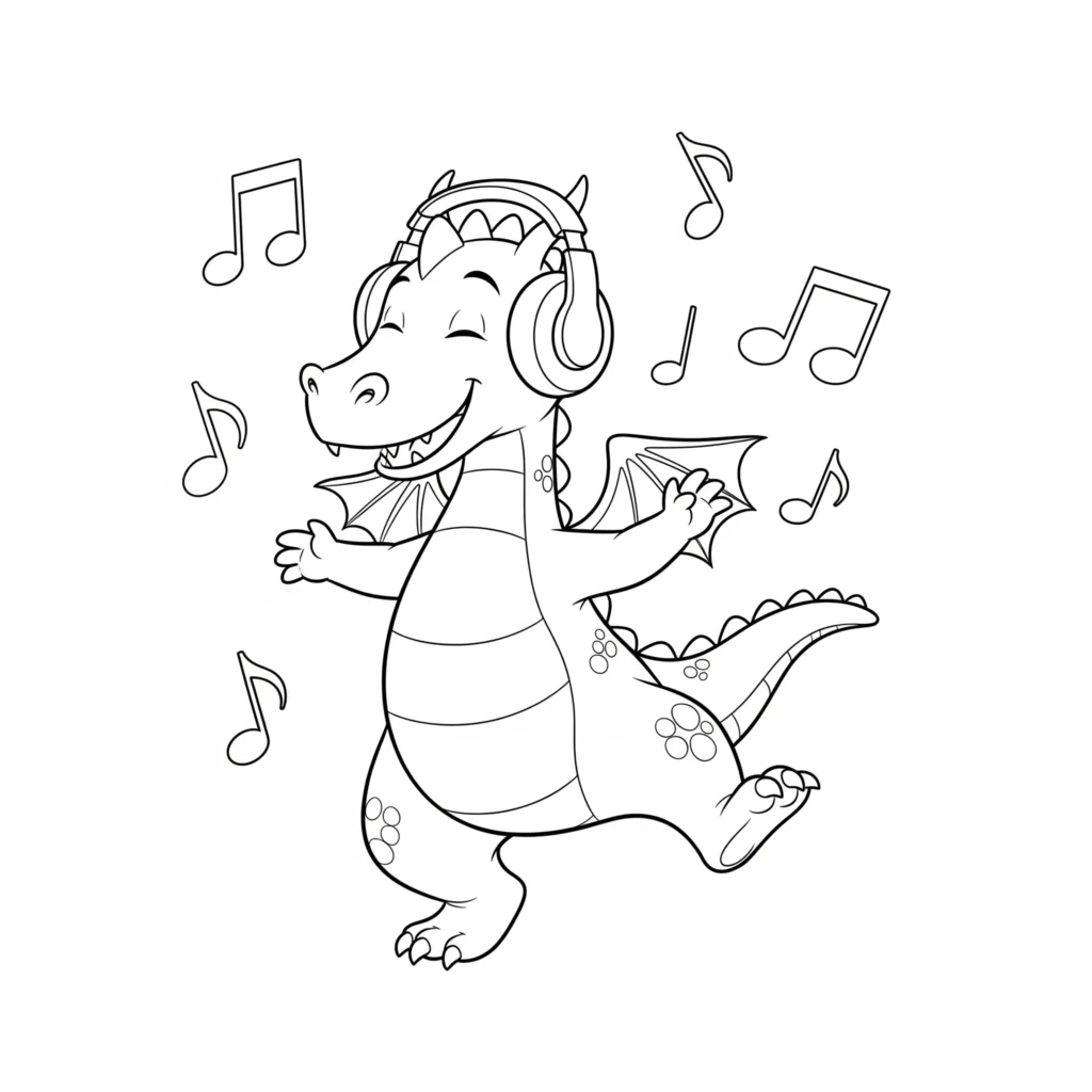 Fröhlicher Drache tanzt zu Musiknoten zum Ausmalen und Ausdrucken
