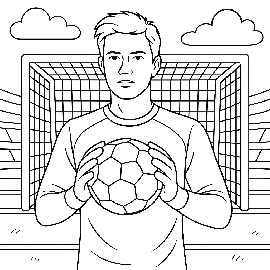 36 Ausmalbilder Fussball (Gratis Fußball Malvorlage drucken) Ausmalbild Fußballtorwart steht vor dem Tor und hält den Ball mit beiden Händen, Stadion und Wolken im Hintergrund.