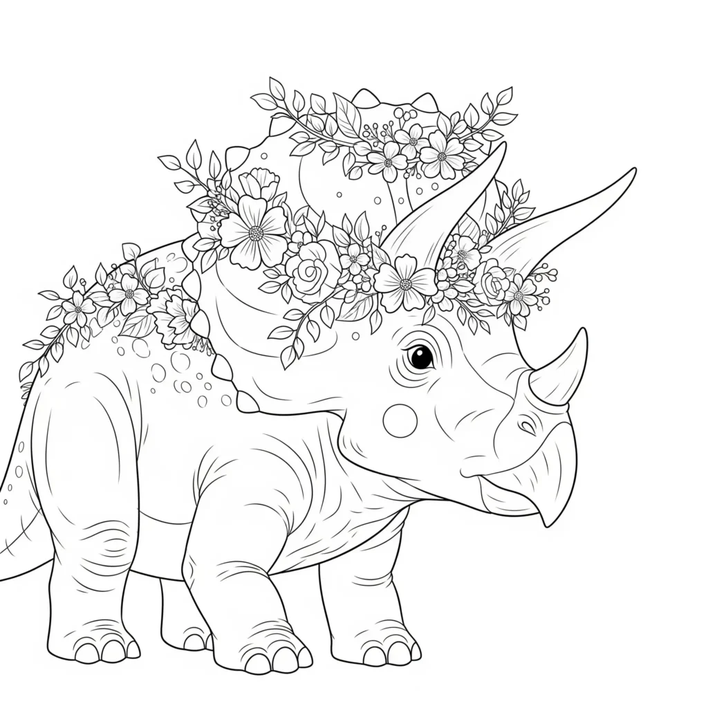 12 Triceratops Ausmalbild (Gratis Dino Malvorlage PDF drucken) Freundliches Triceratops Ausmalbild mit einer Krone aus Blumen auf dem Kopf als kreative Malvorlage für Kinder zum Ausdrucken und Ausmalen