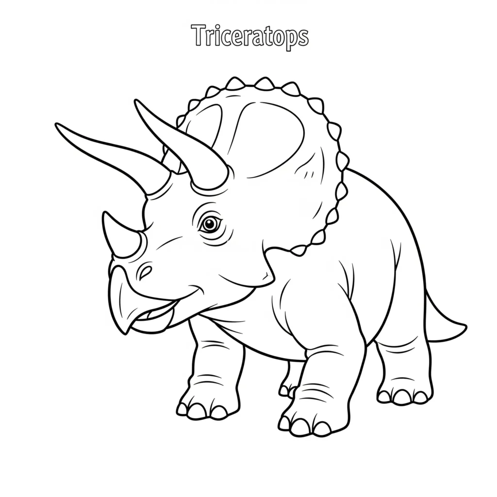 12 Triceratops Ausmalbild (Gratis Dino Malvorlage PDF drucken) Ausmalbild eines klassischen Triceratops mit drei auffälligen Hörnern auf Kopf und Nase als Dino Malvorlage für Kinder zum kostenlosen Ausdrucken