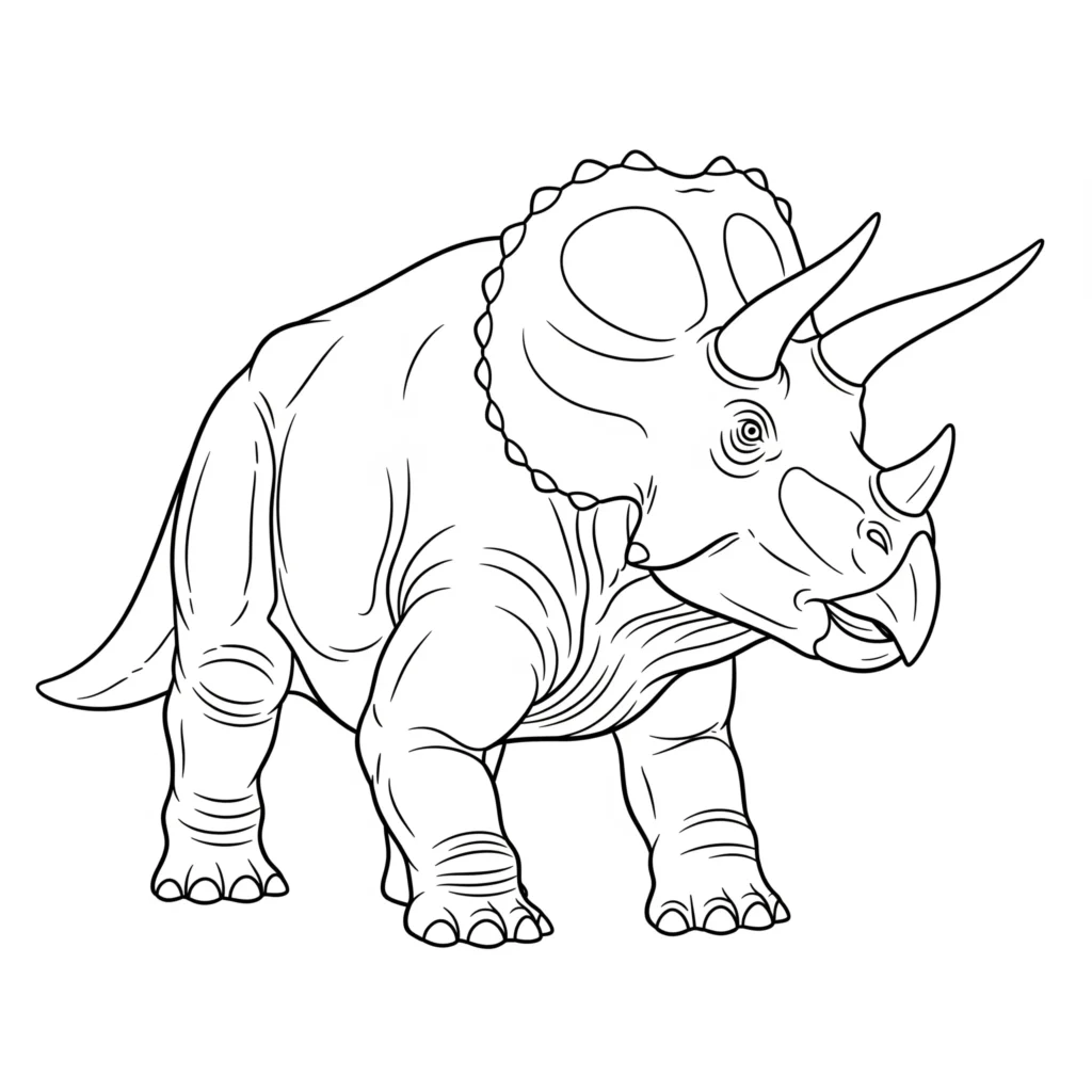 12 Triceratops Ausmalbild (Gratis Dino Malvorlage PDF drucken) Malvorlage mit einem ausgewachsenen Triceratops in starker Haltung als Dinosaurier Motiv zum kostenlosen Ausdrucken für ältere Kinder oder Erwachsene