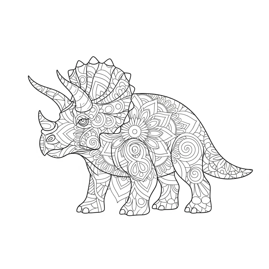 12 Triceratops Ausmalbild (Gratis Dino Malvorlage PDF drucken) Detailliertes Triceratops Mandala Ausmalbild mit dekorativen Mustern als beruhigende Malvorlage für Kinder und Erwachsene zum kostenlosen Ausdrucken