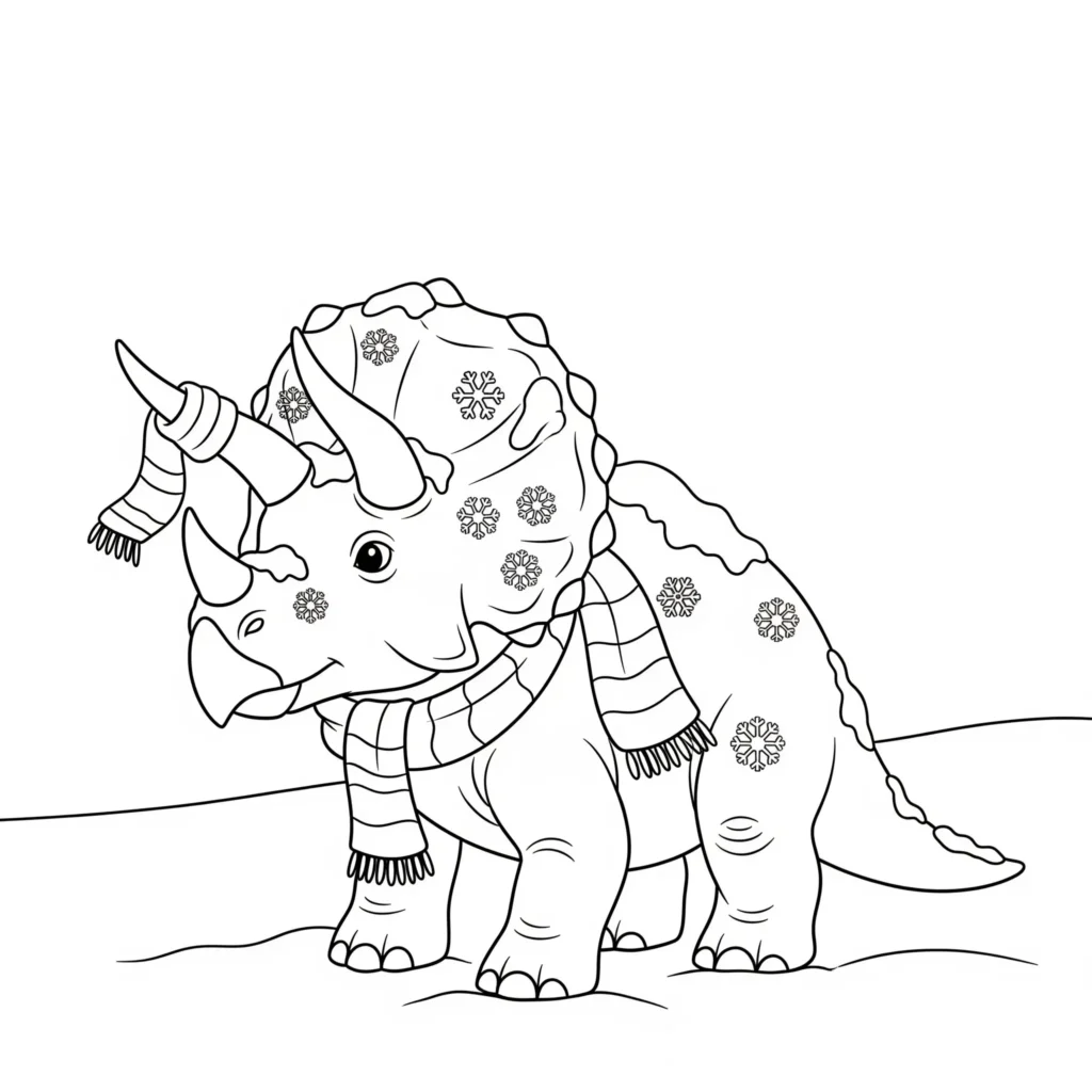 12 Triceratops Ausmalbild (Gratis Dino Malvorlage PDF drucken) Winterliches Ausmalbild mit einem Triceratops im Schnee zwischen Bäumen und Schneeflocken als kreative Dinosaurier Vorlage zum Ausdrucken
