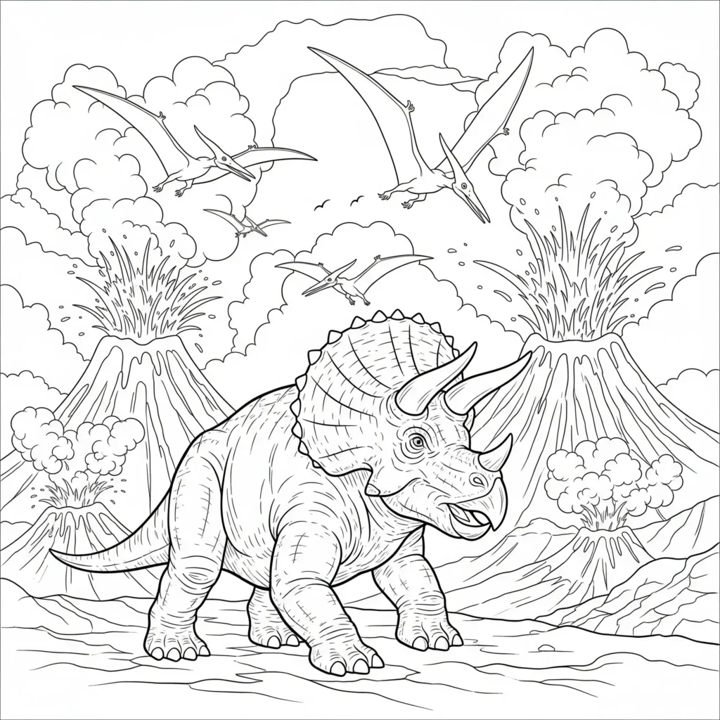 12 Triceratops Ausmalbild (Gratis Dino Malvorlage PDF drucken) Dinosaurier Ausmalbild mit Triceratops in einer Landschaft voller Vulkane und rauchender Berge als spannende Malvorlage für Kinder zum Ausdrucken