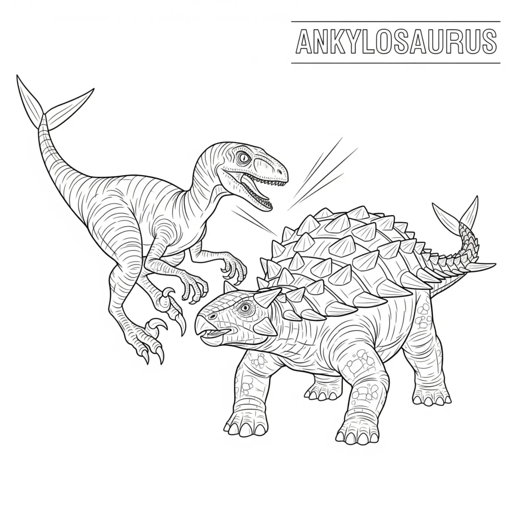Velociraptor Ausmalbilder (Gratis Dino Malvorlage drucken) velociraptor ausmalbild pdf zeigt einen dinosaurier kampf zwischen einem schnellen velociraptor und einem gepanzerten ankylosaurus ideal zum ausmalen