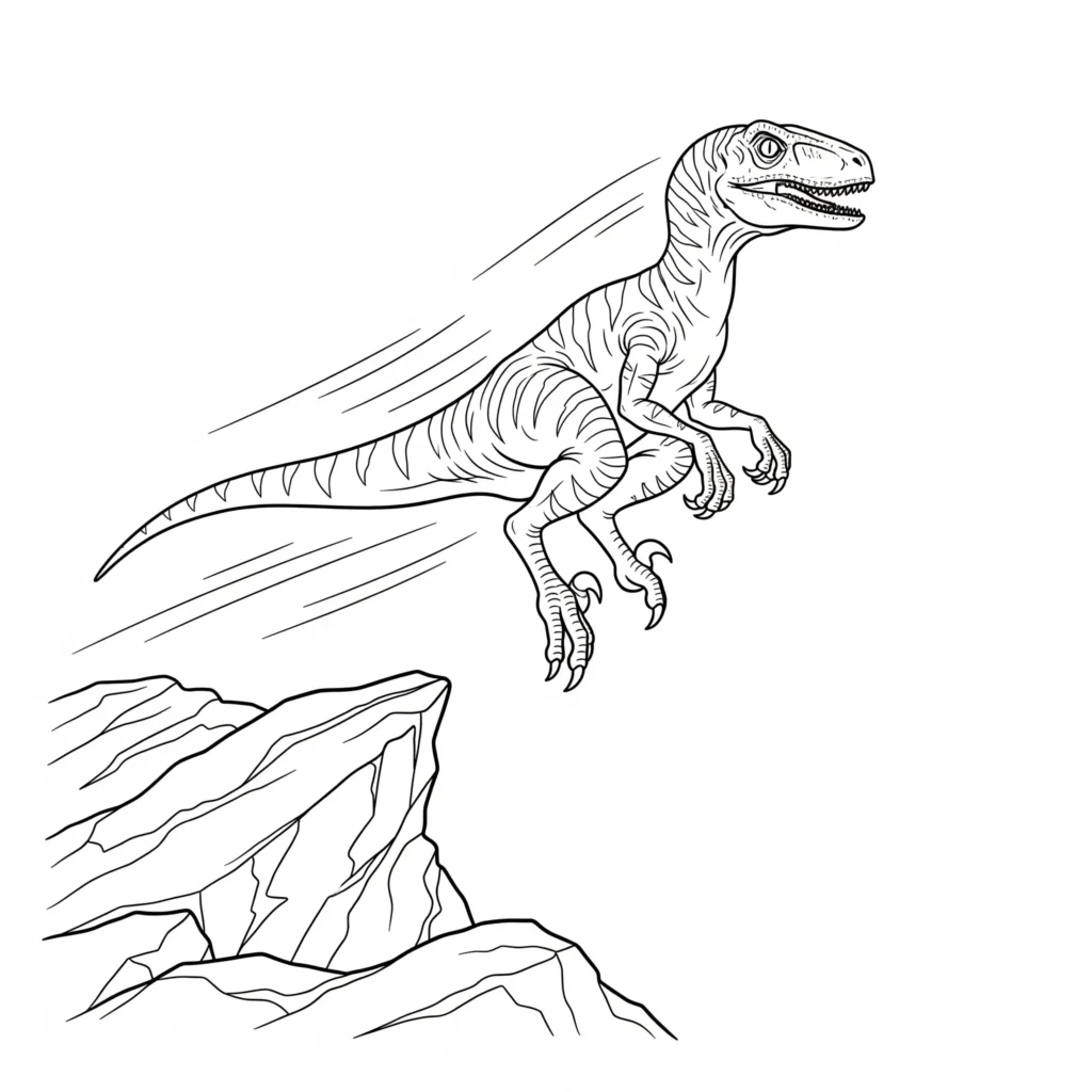 Velociraptor Ausmalbilder (Gratis Dino Malvorlage drucken) velociraptor malvorlage kinder mit einem sprungbereiten dinosaurier der von einem hohen felsen in wilder bewegung abspringt perfekt zum ausmalen