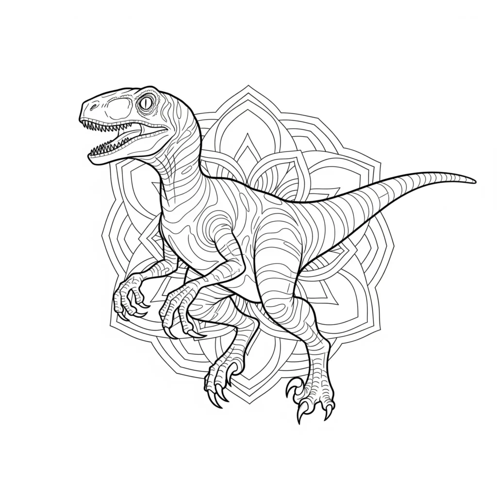 Velociraptor Ausmalbilder (Gratis Dino Malvorlage drucken) velociraptor malvorlage für erwachsene im mandala stil mit komplexen mustern rund um einen dinosaurier als entspannende ausmalidee