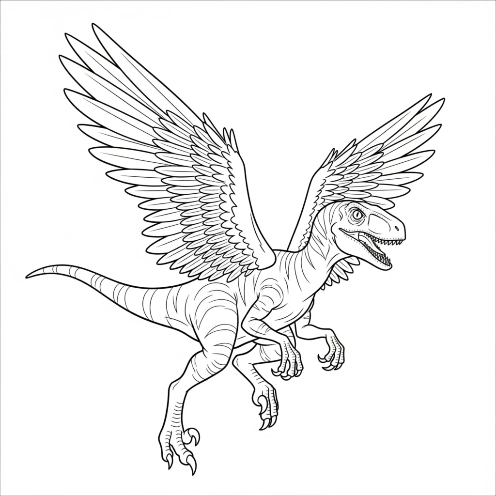 Velociraptor Ausmalbilder (Gratis Dino Malvorlage drucken) velociraptor ausmalbild zeigt einen dinosaurier mit großen flügeln in einer fantasievollen pose ideal zum ausdrucken für kreative kinder
