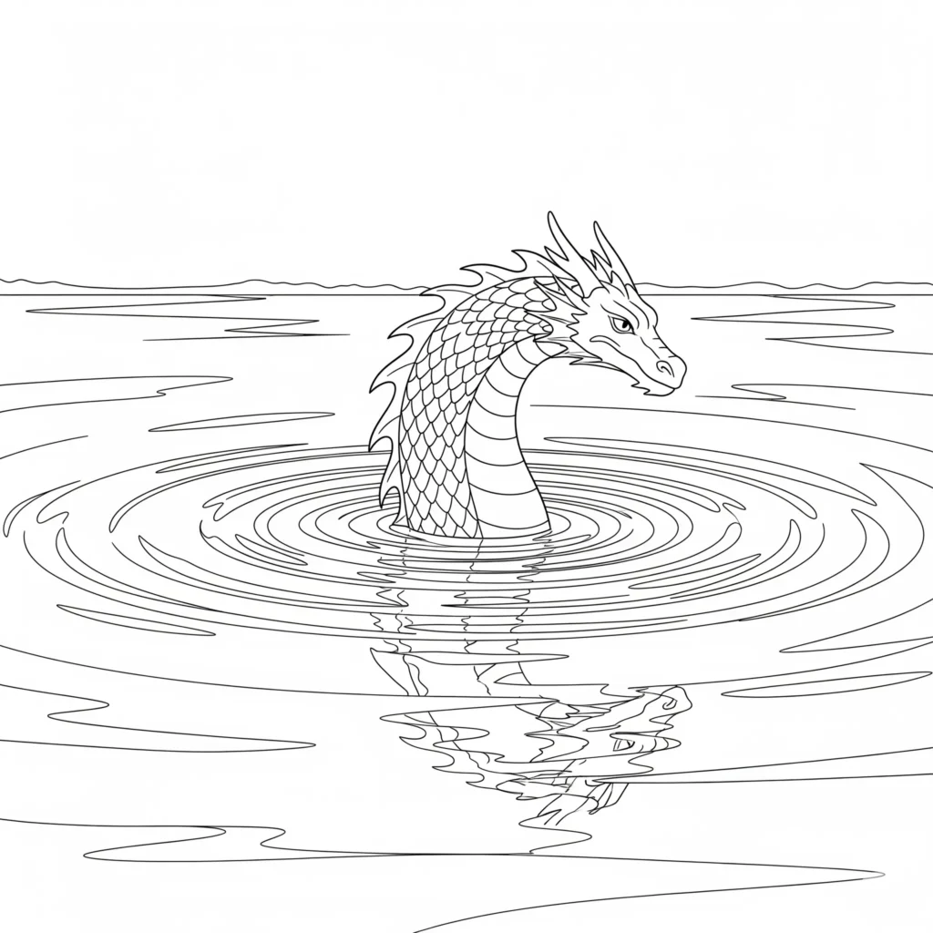 Majestätischer Wasserdrache steigt aus einem See zum Ausmalen und Ausdrucken