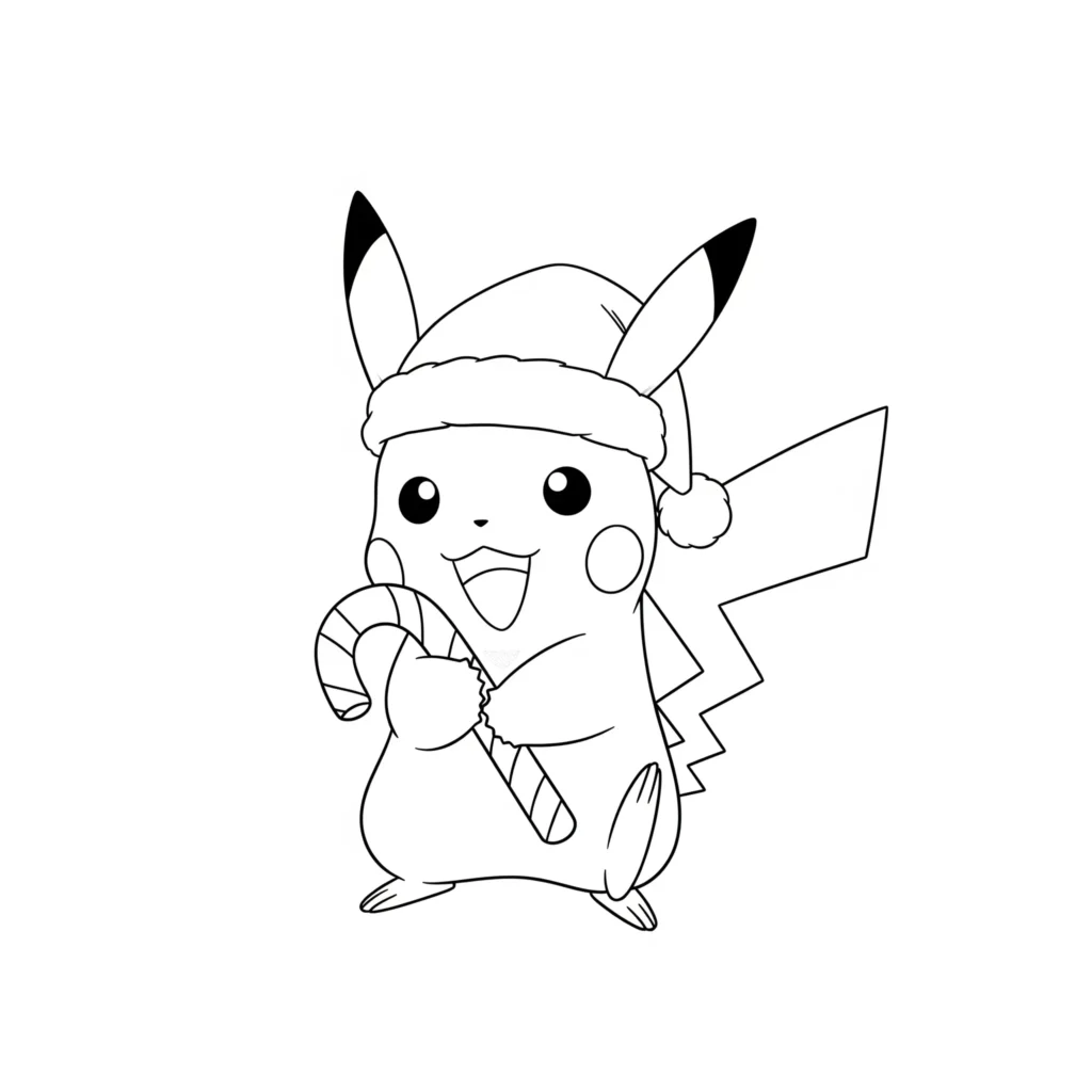 30 Pikachu Ausmalbilder (Gratis Pokémon Malvorlage zum drucken) Diese Ausmalvorlage zeigt Pikachu mit einer Weihnachtsmütze in festlicher Stimmung – perfekt zum Ausdrucken für kreative Wintertage mit Kindern.