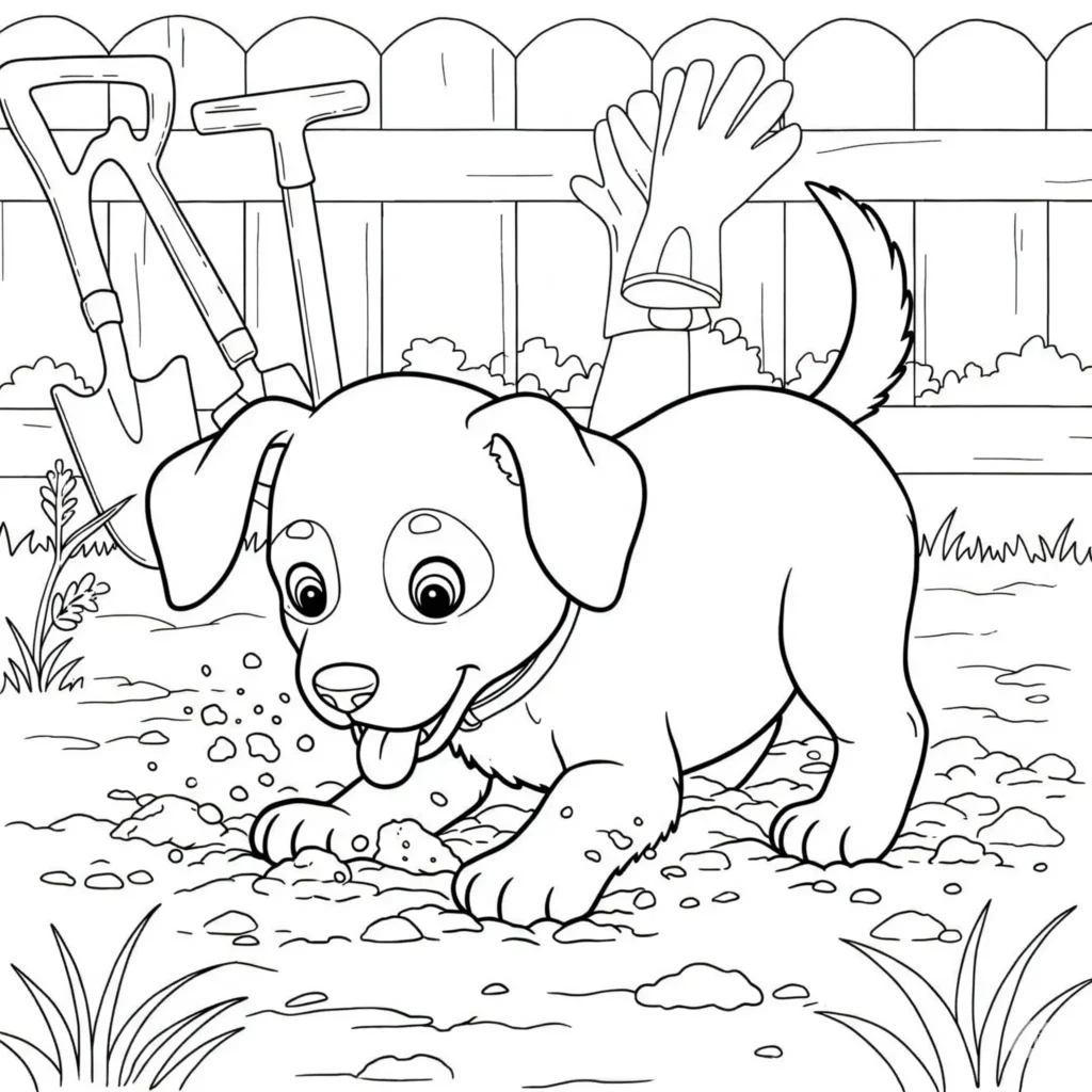 Ausmalbilder Welpen (Kostenlose Malvorlage PDF zum drucken) Welpe beim graben im garten als ausmalbild für kinder