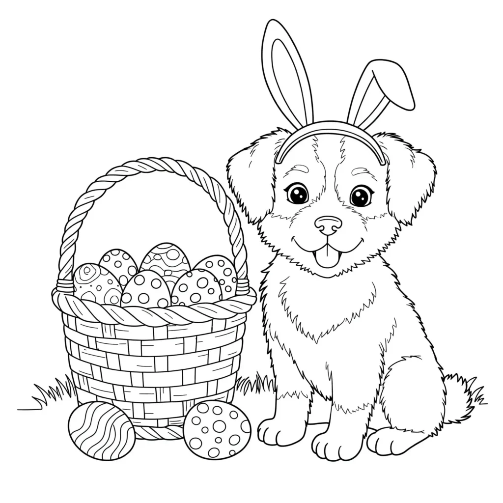 Ausmalbilder Welpen (Kostenlose Malvorlage PDF zum drucken) Süßer welpe mit osterhasenohren und ostereiern als ausmalbild für kinder