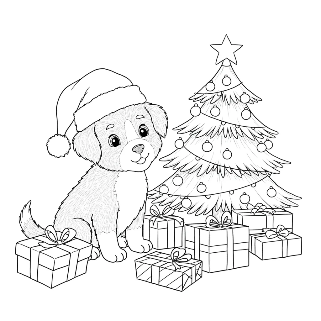Ausmalbilder Welpen (Kostenlose Malvorlage PDF zum drucken) Süßer welpe mit weihnachtsmütze als ausmalbild für kinder zu weihnachten