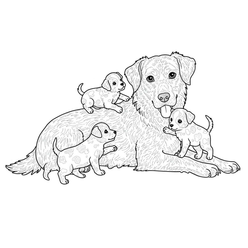 Ausmalbilder Welpen (Kostenlose Malvorlage PDF zum drucken) Mama Hund mit drei welpen zum ausmalen für kinder