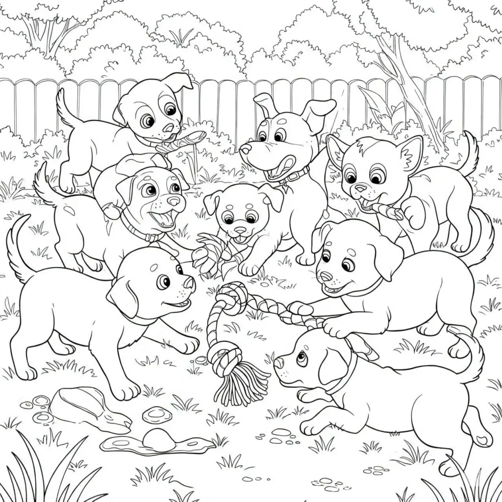 Ausmalbilder Welpen (Kostenlose Malvorlage PDF zum drucken) Zwei welpen geschwister spielen zerrspiel als ausmalbild für kinder