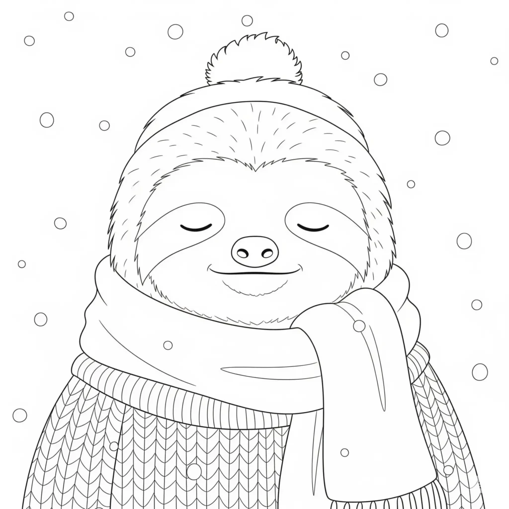 Faultier Ausmalbilder (Kostenlos Malvorlage zum Ausdrucken) Faultier ausmalbild zum Ausdrucken kostenlos. Ein Faultier trägt einen warmen Schal im Winter – eine liebevolle Malvorlage für Kinder in der kalten Jahreszeit.