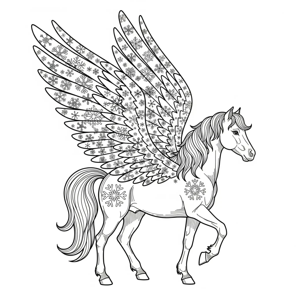 10+ Pegasus Ausmalbilder (Gratis Malvorlage zum Ausdrucken) Ein Pegasus mit schneeflockenförmigen Flügeln fliegt durch eine winterliche Landschaft. Diese Ausmalbild-PDF ist ideal für die kalte Jahreszeit