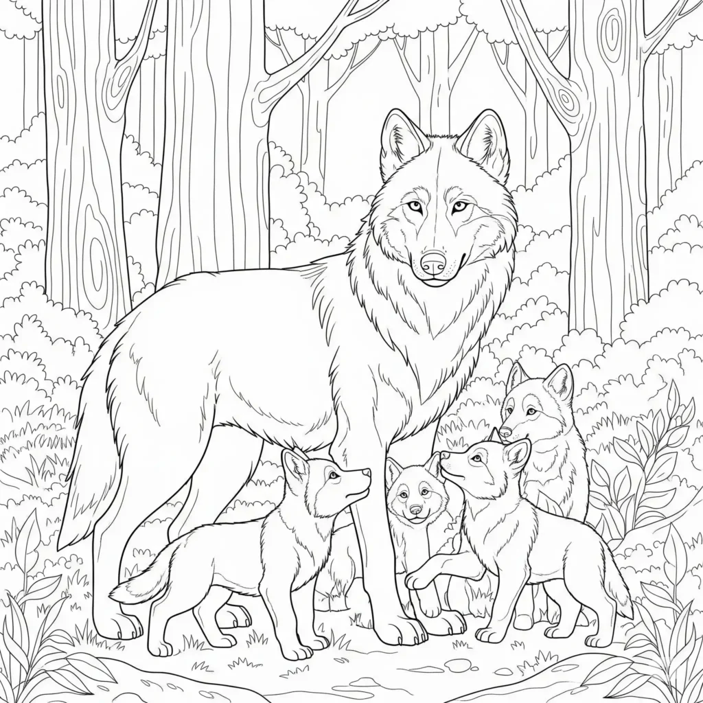 Wolf Ausmalbilder (Kostenlos Malvorlage zum Ausdrucken) Malvorlage einer Wolfsfamilie mit Eltern und Jungtieren zum Ausdrucken und Ausmalen für Kinder