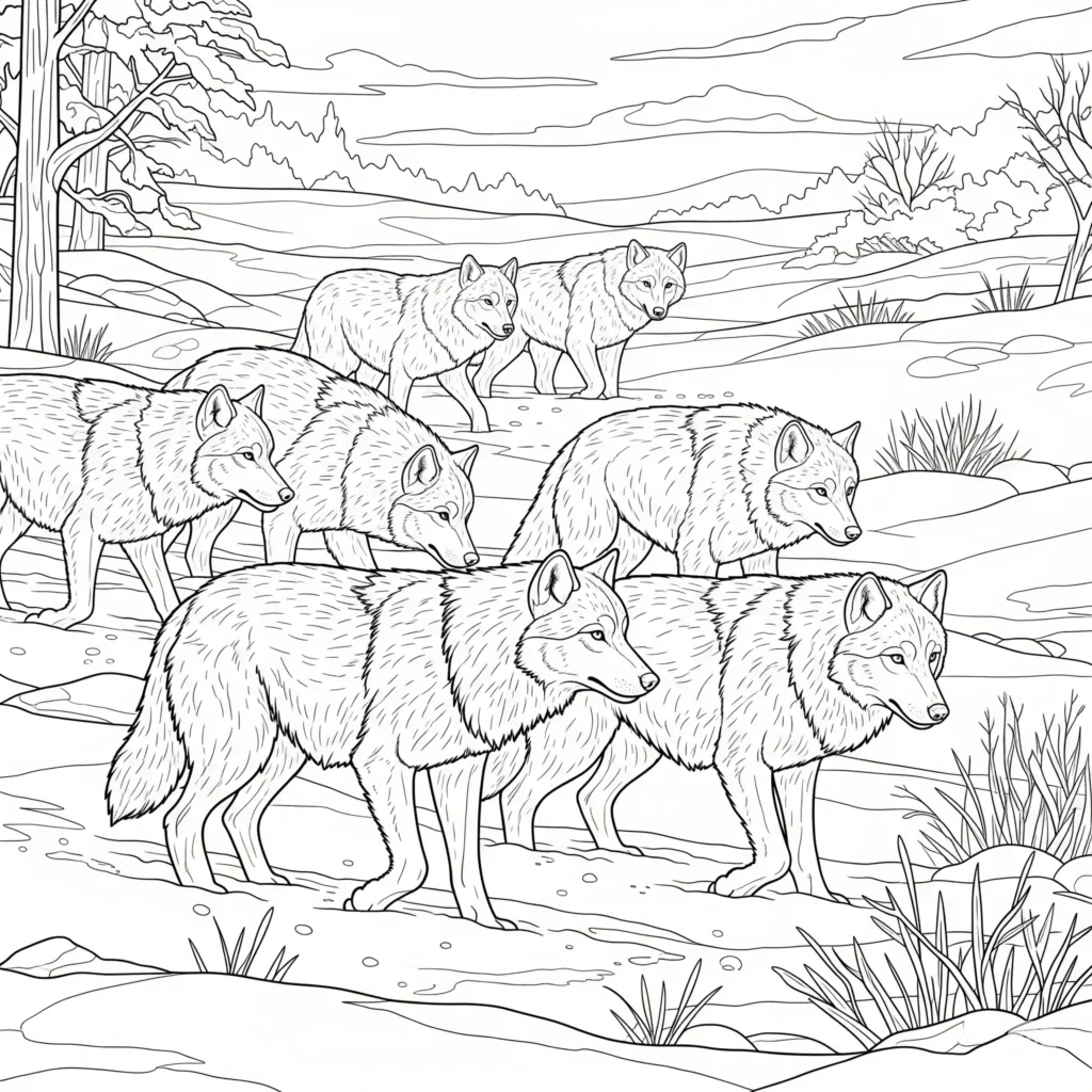 Wolf Ausmalbilder (Kostenlos Malvorlage zum Ausdrucken) Ausmalbild eines Wolf Rudels im Schnee, ideal zum Ausdrucken und Ausmalen für Kinder und Familien
