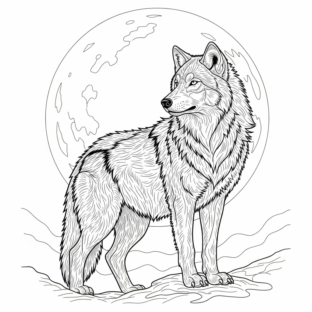 Wolf Ausmalbilder (Kostenlos Malvorlage zum Ausdrucken) Ausmalbild eines Wolfes vor dem Vollmond, ideal zum Ausdrucken und Ausmalen für Kinder