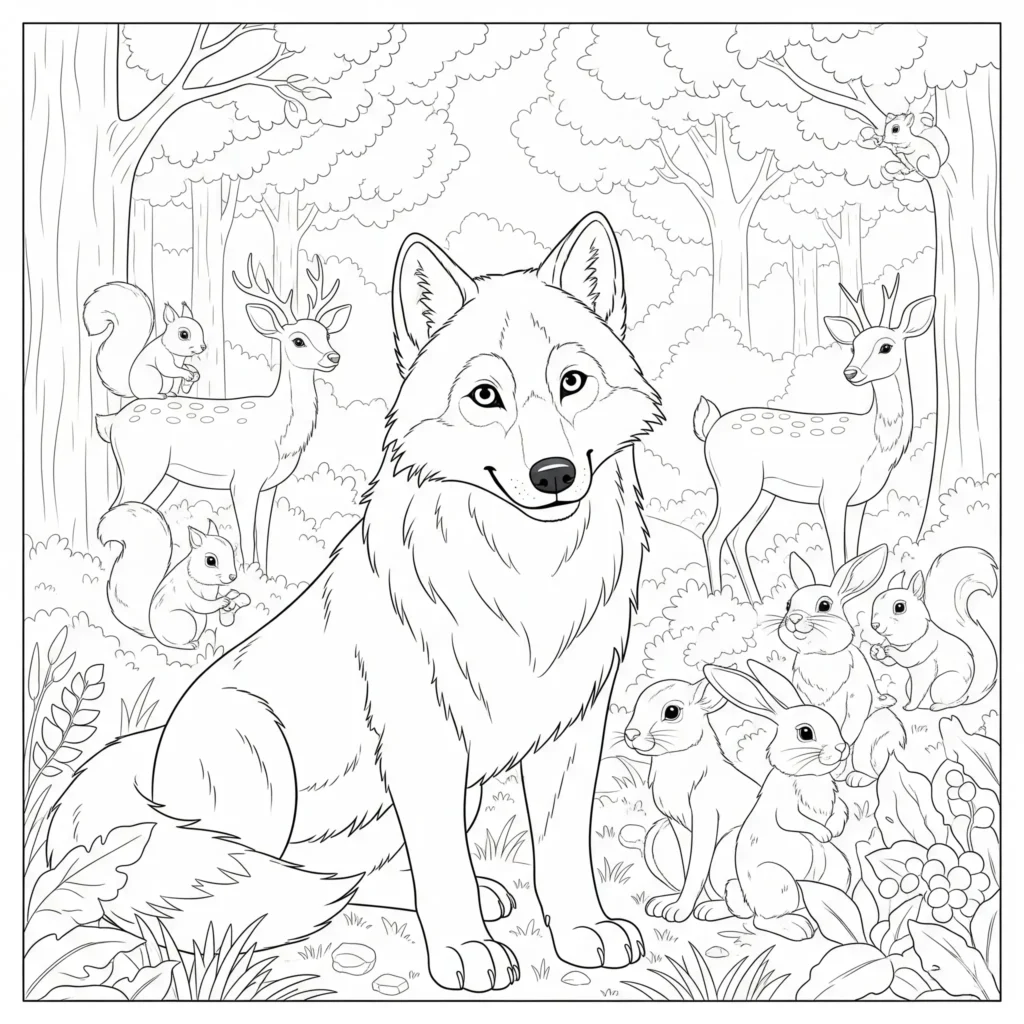 Wolf Ausmalbilder (Kostenlos Malvorlage zum Ausdrucken) Ausmalbild mit Wolf und verschiedenen Waldtieren, ideal zum Ausdrucken und Ausmalen für Kinder