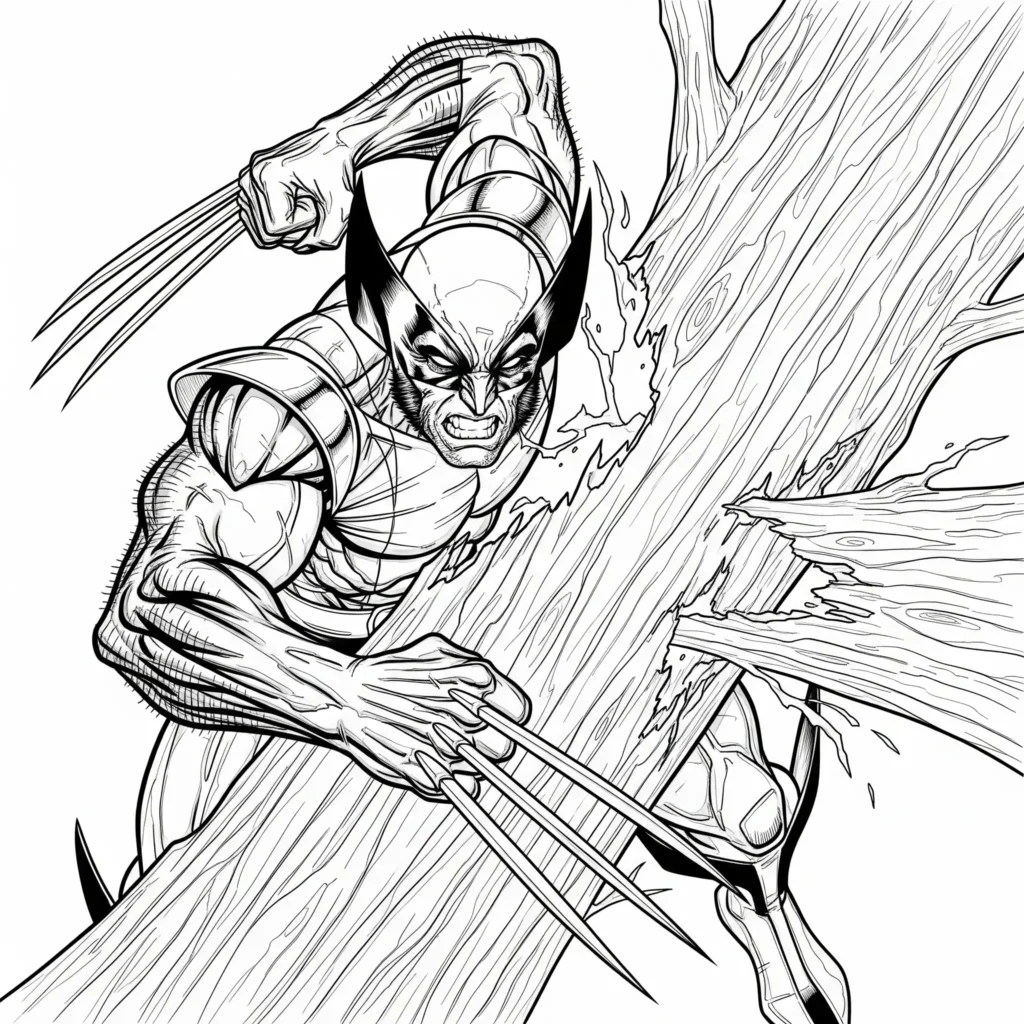 12 Wolverine Ausmalbilder (Superhelden Malvorlage zum drucken) Wolverine schlägt mit seinen Krallen kraftvoll einen großen Baum in zwei Hälften – dynamische Malvorlage für Kinder und Superhelden-Fans zum Ausdrucken