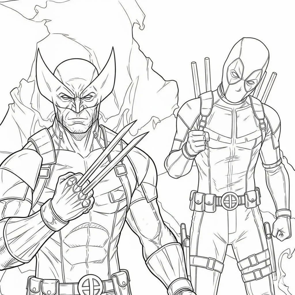 12 Wolverine Ausmalbilder (Superhelden Malvorlage zum drucken) Wolverine und Deadpool stehen zusammen in dynamischer Pose – coole Ausmalvorlage für Kinder und Fans der Superhelden zum kostenlosen Drucken