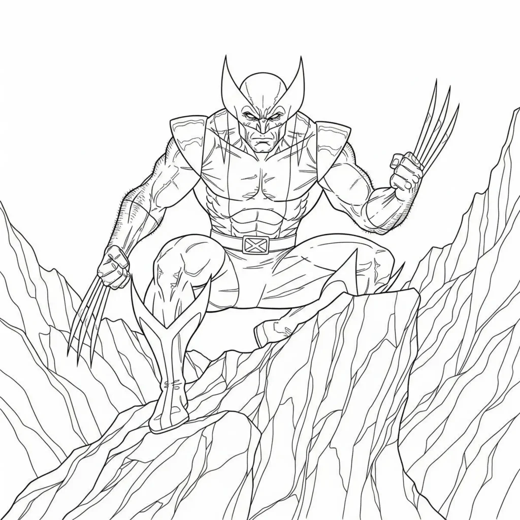 12 Wolverine Ausmalbilder (Superhelden Malvorlage zum drucken) Wolverine sitzt ruhig auf einer hohen Felsklippe mit Blick in die Ferne – eine ausdrucksstarke Malvorlage zum Ausdrucken für Kinder und Superhelden-Fans