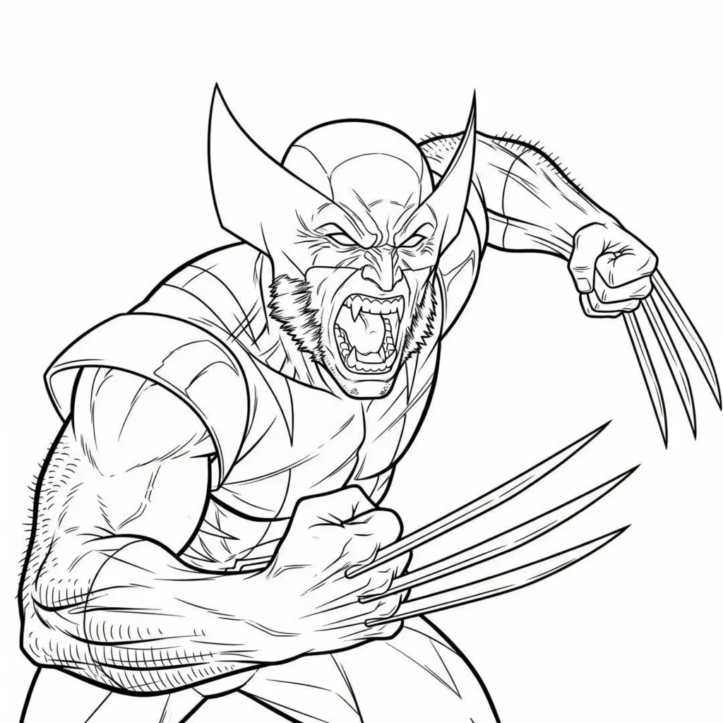 12 Wolverine Ausmalbilder (Superhelden Malvorlage zum drucken) Wolverine brüllt im Kampfmodus mit erhobenen Klauen – ausdrucksstarke Malvorlage zum Ausdrucken für Kinder und Superhelden-Fans