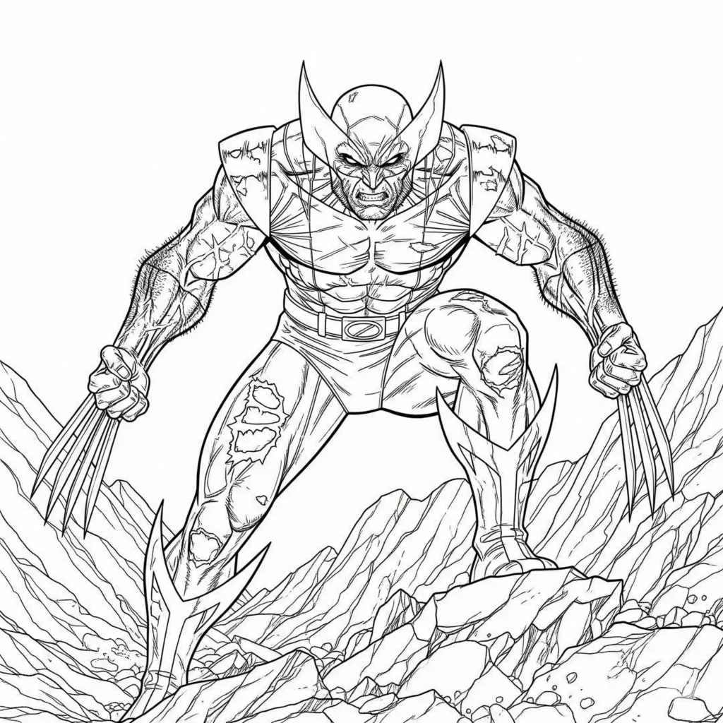 12 Wolverine Ausmalbilder (Superhelden Malvorlage zum drucken) Wolverine mit zerrissenem Kostüm und sichtbaren Krallen nach einem Kampf – detailreiche Malvorlage für Kinder und Fans zum Ausdrucken