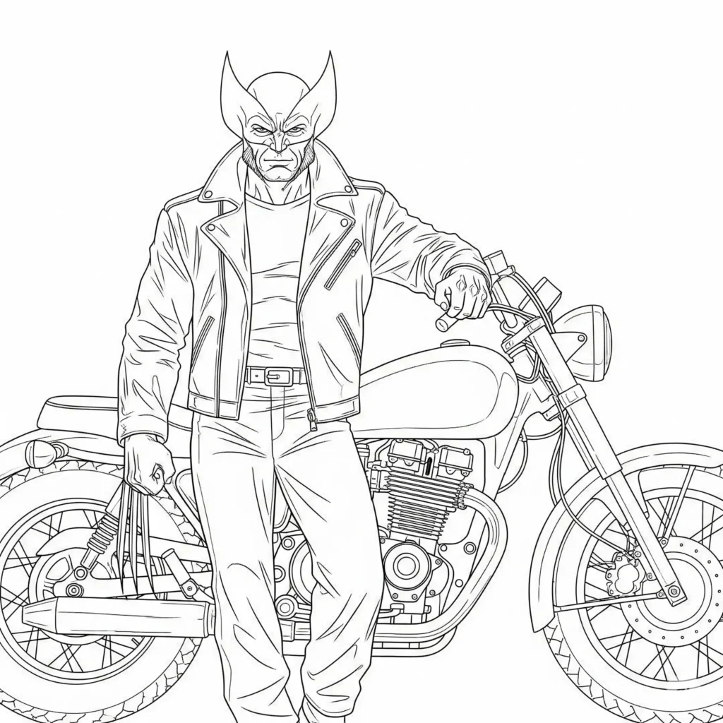 12 Wolverine Ausmalbilder (Superhelden Malvorlage zum drucken) Wolverine steht stolz neben seinem Motorrad, bereit für Action – detailreiche Ausmalvorlage für Kinder und Fans zum Ausdrucken