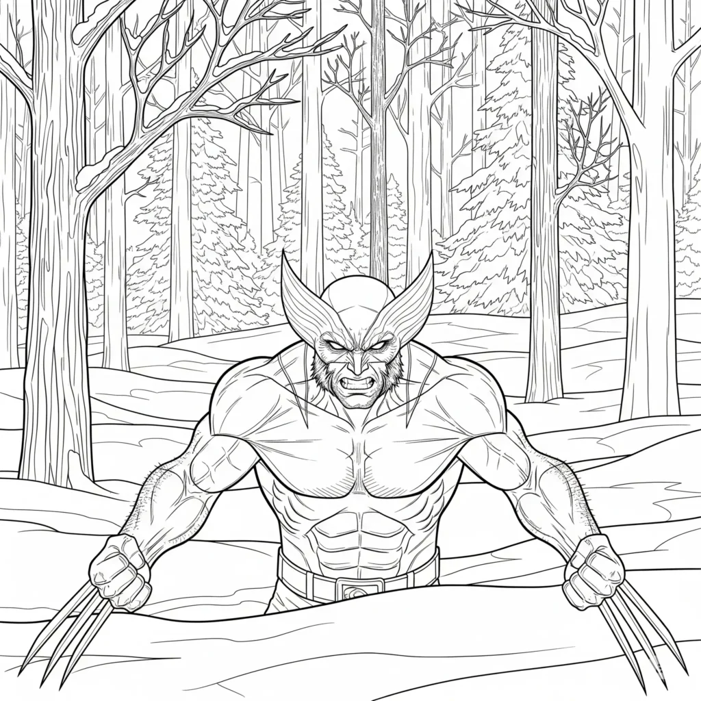 12 Wolverine Ausmalbilder (Superhelden Malvorlage zum drucken) Wolverine steht kampfbereit in einem verschneiten Wald, mit sichtbaren Krallen und entschlossenem Blick – detailreiches Ausmalbild für Kinder zum Ausdrucken