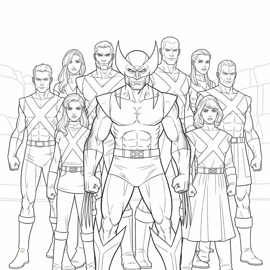 12 Wolverine Ausmalbilder (Superhelden Malvorlage zum drucken) Wolverine in dynamischer Pose zusammen mit dem X-Men Team – detailreiche Malvorlage zum Ausdrucken für Kinder und Superhelden-Fans