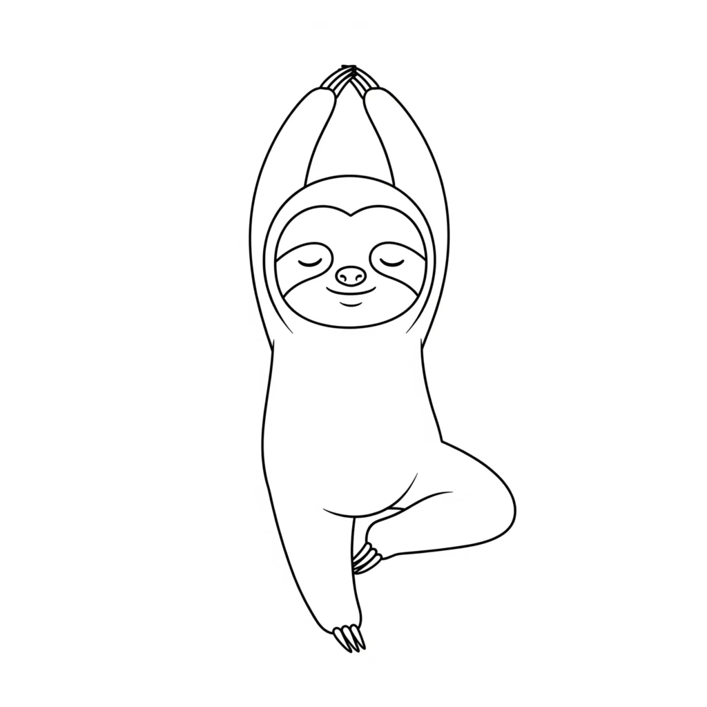 Faultier Ausmalbilder (Kostenlos Malvorlage zum Ausdrucken) Faultier ausmalbild zum Ausdrucken kostenlos. Das Faultier steht auf einem Bein in der Yoga-Baumhaltung – ideal als ruhige und kreative Malvorlage für Kinder oder Erwachsene.