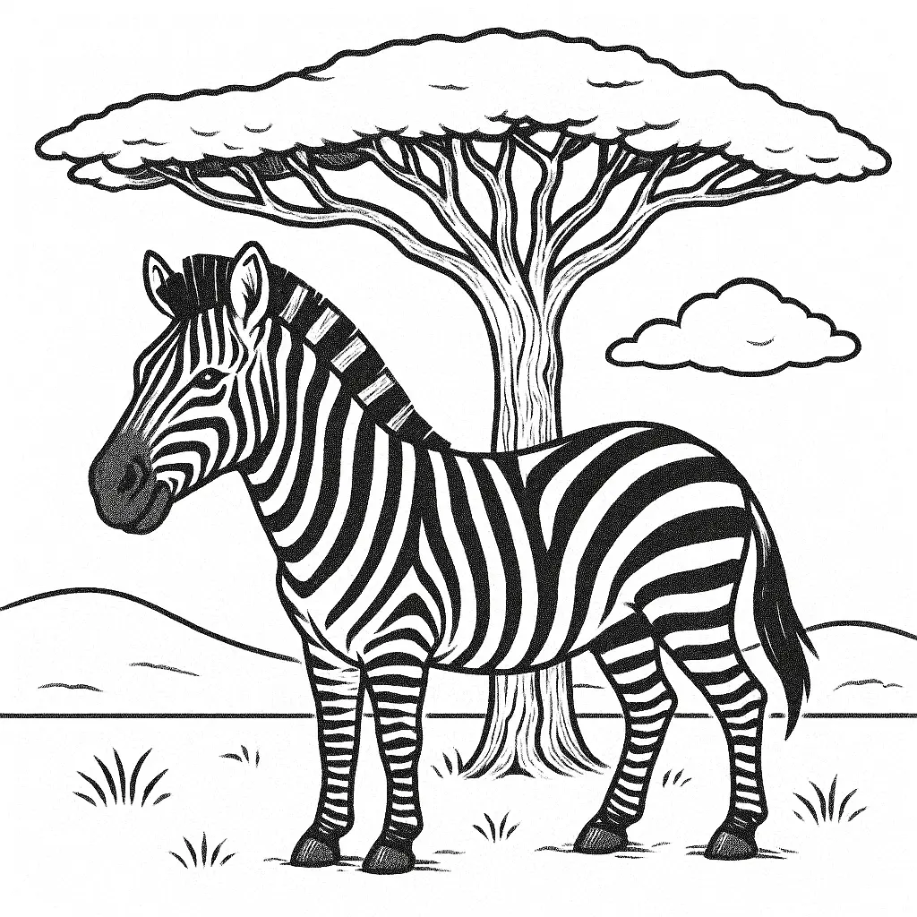 16 Zebra Ausmalbilder (Kostenlos Zebra Malvorlage zum drucken) Zebra Ausmalbild – Zebra steht unter einem Akazienbaum auf der afrikanischen Savanne, als PDF zum Ausdrucken