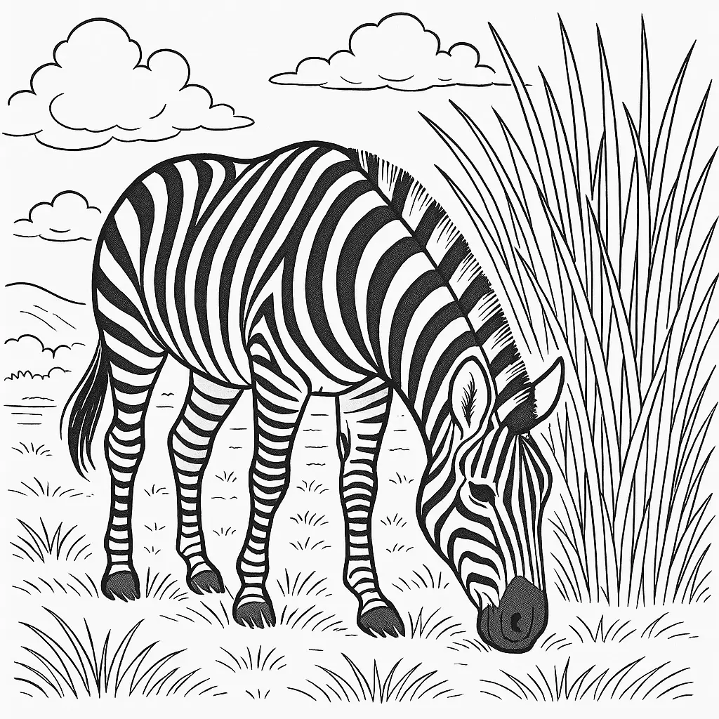 16 Zebra Ausmalbilder (Kostenlos Zebra Malvorlage zum drucken) Zebra Ausmalbild – Zebra grast neben hohem Gras auf der Savanne, als PDF zum Ausdrucken