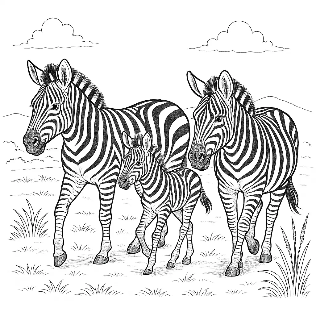 16 Zebra Ausmalbilder (Kostenlos Zebra Malvorlage zum drucken) Zebra Familie Ausmalbild – Drei Zebras gehen nebeneinander durch die Savanne, als PDF zum Ausdrucken