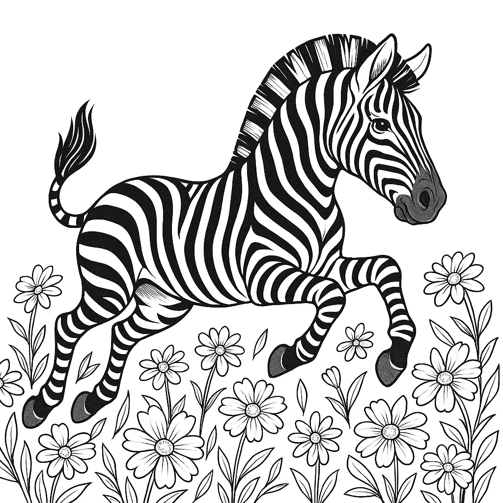 16 Zebra Ausmalbilder (Kostenlos Zebra Malvorlage zum drucken) Zebra Ausmalbild – Zebra springt durch ein Feld voller Frühlingsblumen, als PDF zum Ausdrucken