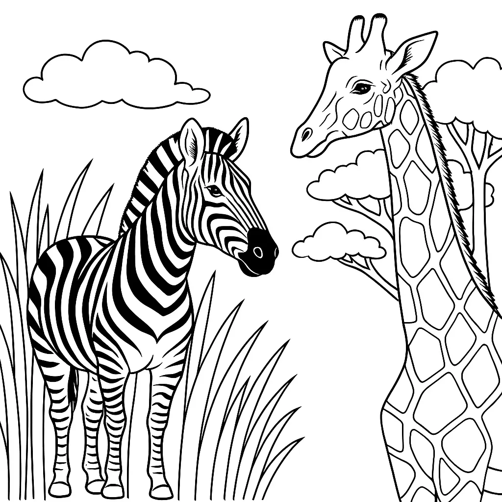 16 Zebra Ausmalbilder (Kostenlos Zebra Malvorlage zum drucken) Ausmalbild mit Zebra und Giraffe auf der Savanne – kostenlos als PDF zum Ausdrucken