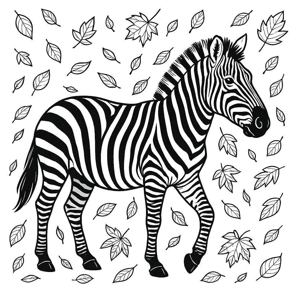 16 Zebra Ausmalbilder (Kostenlos Zebra Malvorlage zum drucken) Zebra Ausmalbild – Zebra mit fallenden Herbstblättern als PDF kostenlos zum Ausdrucken