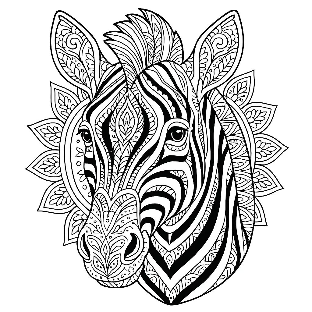 16 Zebra Ausmalbilder (Kostenlos Zebra Malvorlage zum drucken) Mandala Zebra Kopf Malvorlage – kunstvolle Linienzeichnung als PDF zum Ausmalen für Kinder