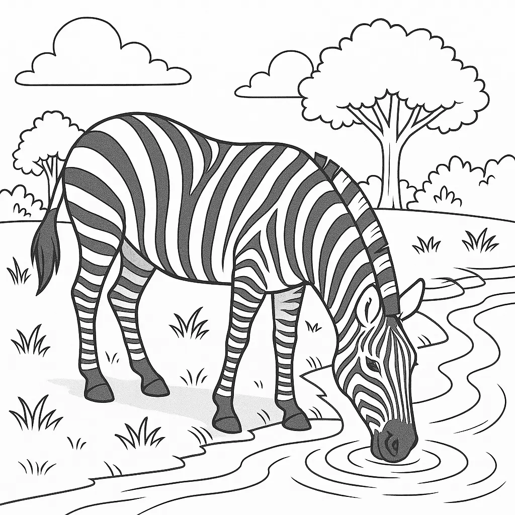16 Zebra Ausmalbilder (Kostenlos Zebra Malvorlage zum drucken) Zebra Malvorlage – Zebra trinkt Wasser am Flussufer als PDF zum Ausdrucken