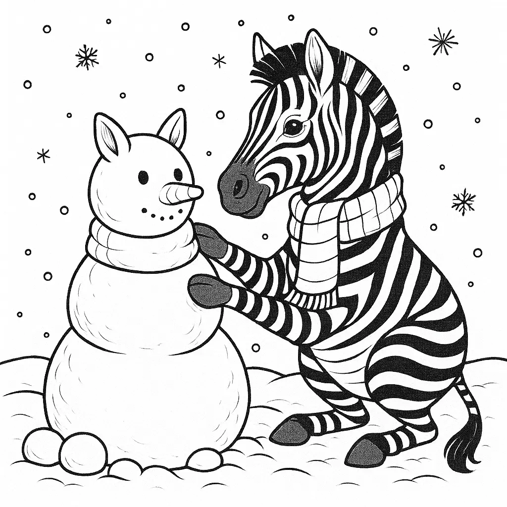 16 Zebra Ausmalbilder (Kostenlos Zebra Malvorlage zum drucken) Zebra Ausmalbild – Zebra mit Schal baut im Schnee einen Zebra-Schneemann, als PDF zum Ausdrucken